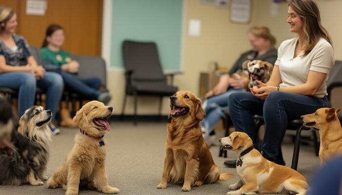 there are many dogs sitting in a circle with a woman